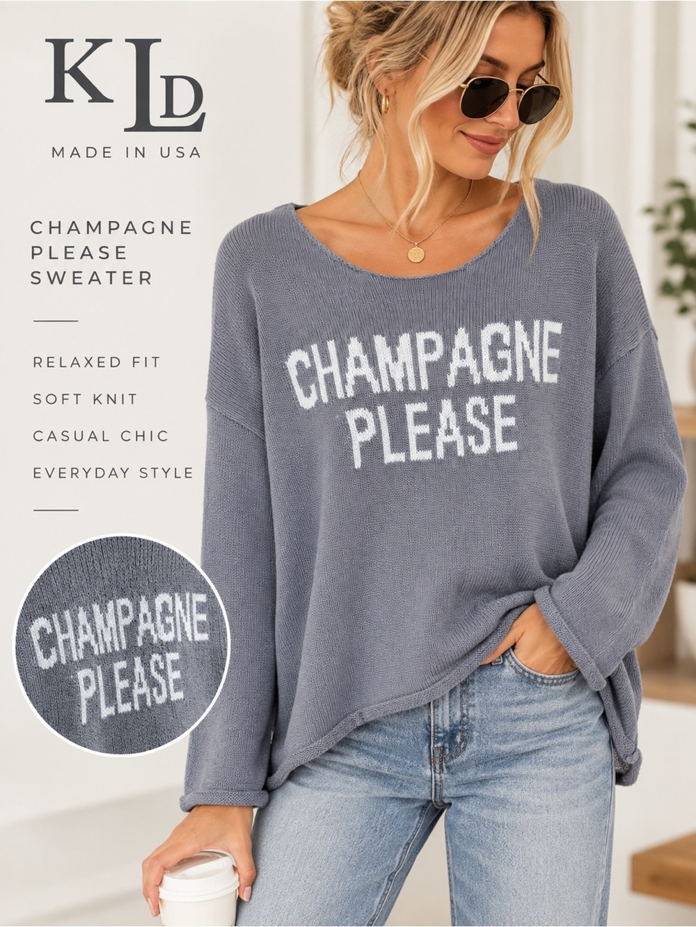 KLD Champagne Please Blue Gray Oversized Knit Sweater Made USA M